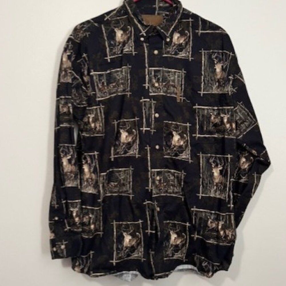 USED Men's North River Long Sleeve Button Down Shirt Color Black/Green Size L